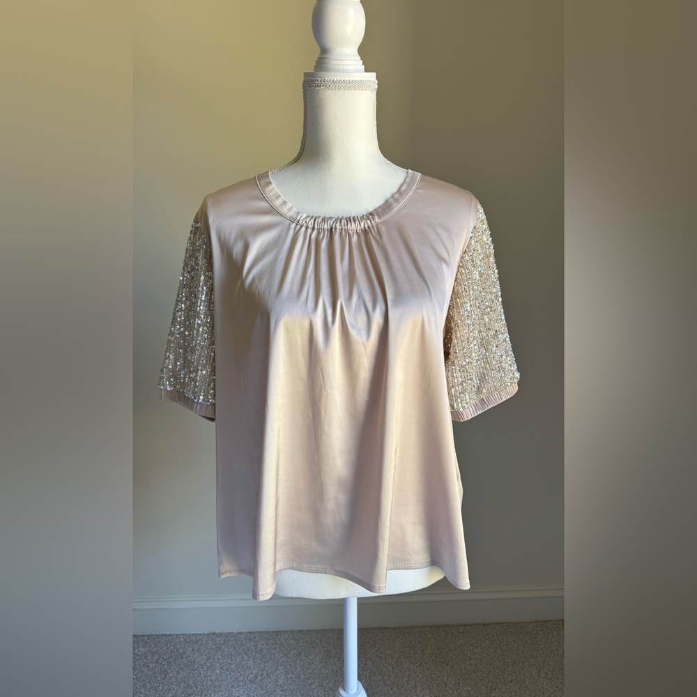 ZERO DEGREES CELSIUS 0c Champagne Beige Sequin Sleeve Silky Top Sz M